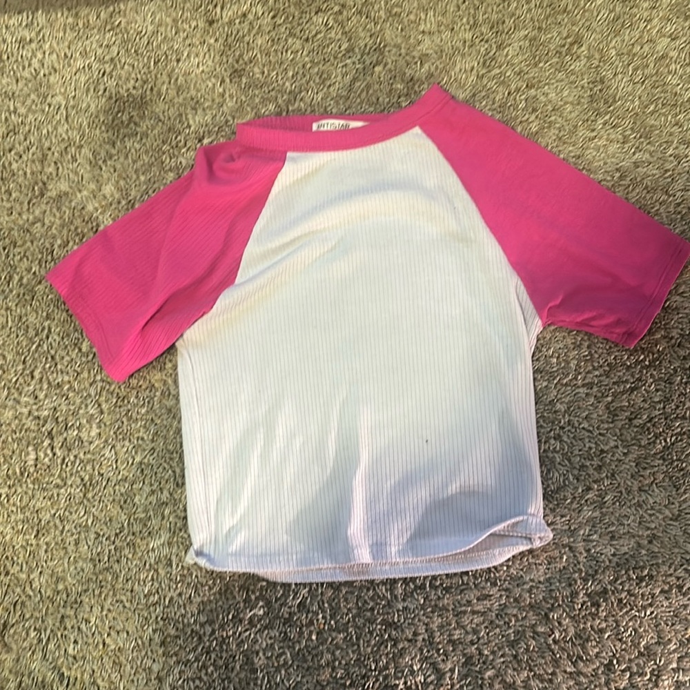 pink and white crop top